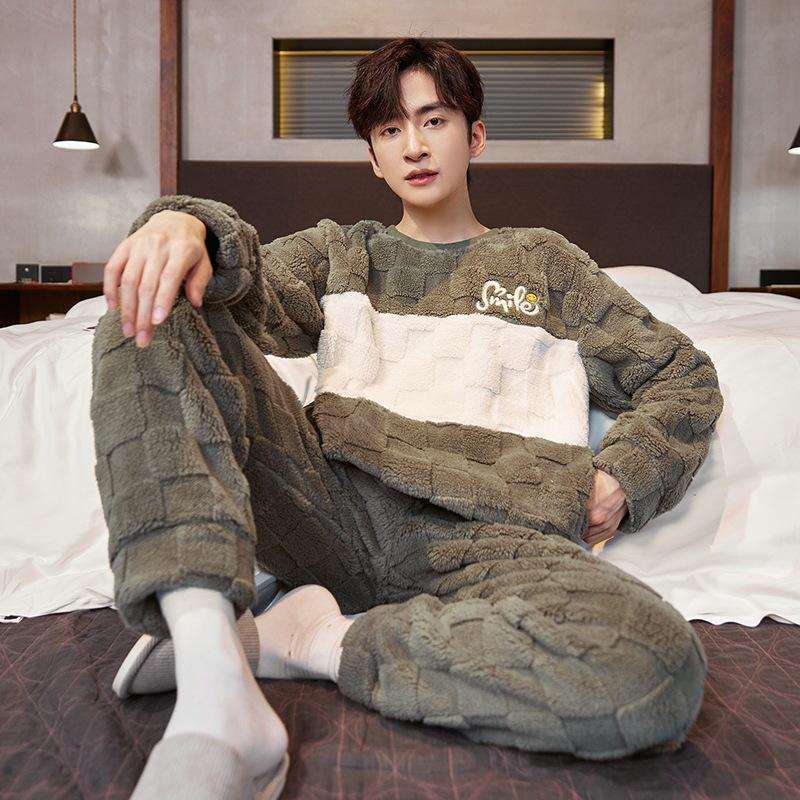 Men's Winter Flannel Pajamas - Thick Plush Coral Fleece Long Sleeve Set