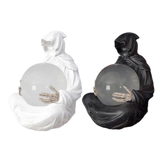 Halloween Crystal Ball Decoration Reaper Statue Gothic Spooky Sculpture with Light-Up Ball Halloween Statue Ornament
