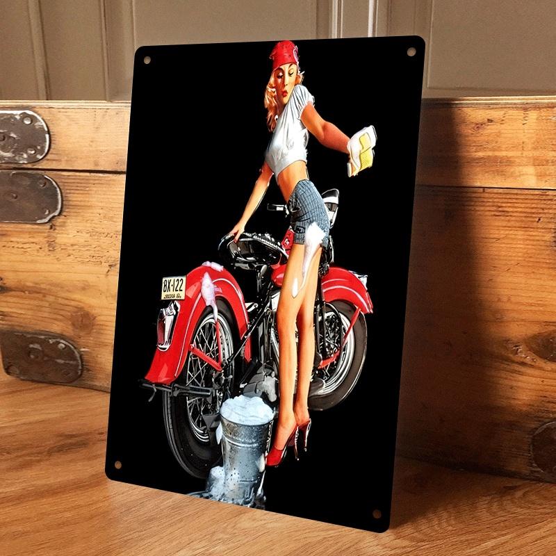 1 piece: Retro-style motorcycle and beautiful woman tin painting, living room/bar wall decoration, creative home wall decoration