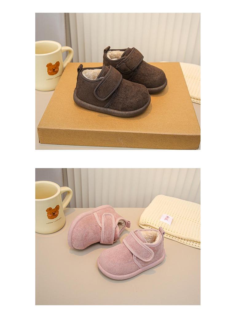 Зимние ботинки Birkenstock в корейском стиле для девочек 2025 года, на толстой подошве, с мехом - Теплые, модные, однотонные хлопковые ботинки для детей