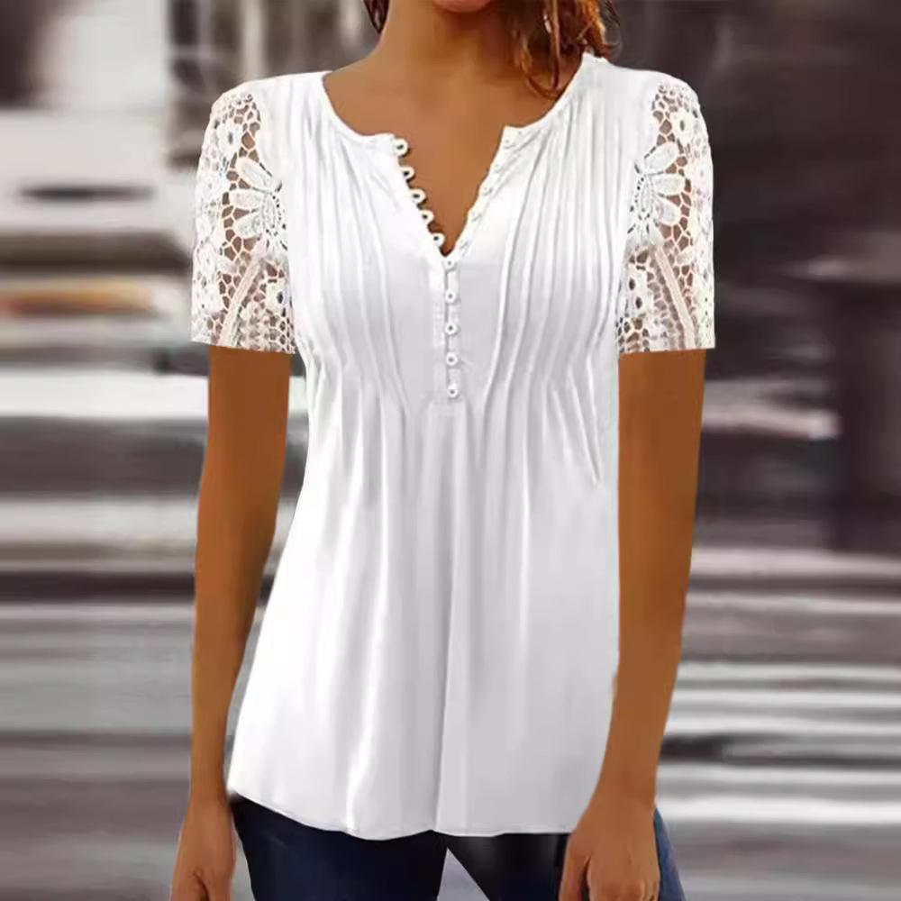 Summer Spring Women's Loose and Comfortable Casual Lace V-Neck Printed Blouse Floral Short Sleeve Elegant Fashion Shirt