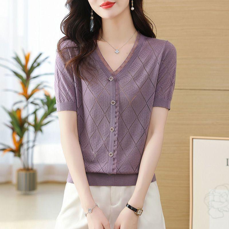 Летняя трикотажная футболка с V-образным вырезом для женщин, вязаный свитер из ледяного шелка, свободный и тонкий короткий топ