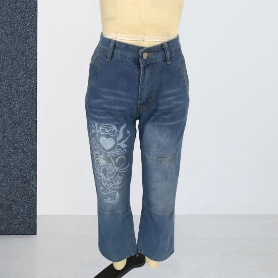 Женские джинсы средней талии с нестандартной индивидуальной печатью в стиле ретро, прямые, широкие, в стиле пэчворк