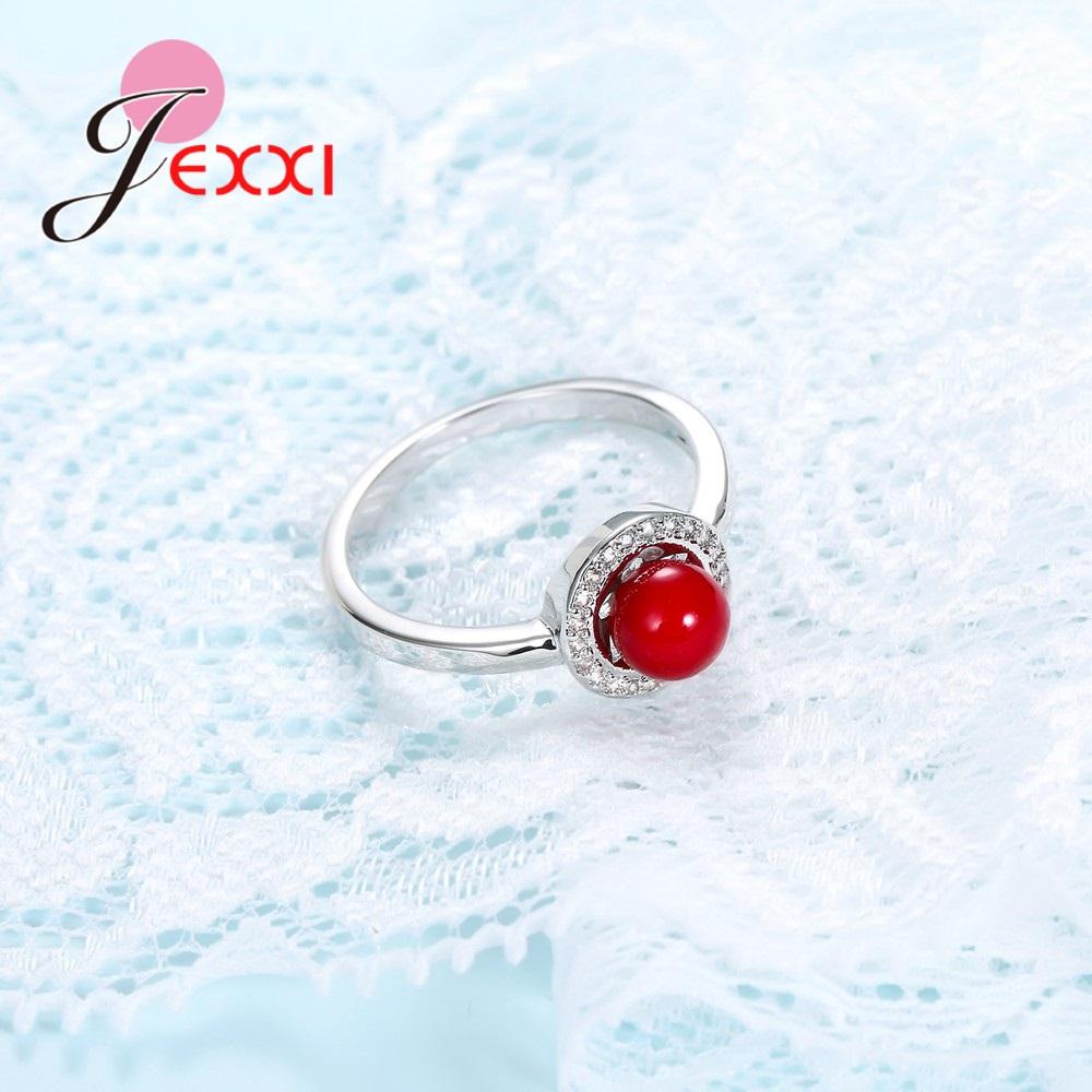Simple Style 925 Sterling Silver Color Rings Round Setting Austrian Crystal CZ Engagement Women Jewelry Red Color Ball Ring