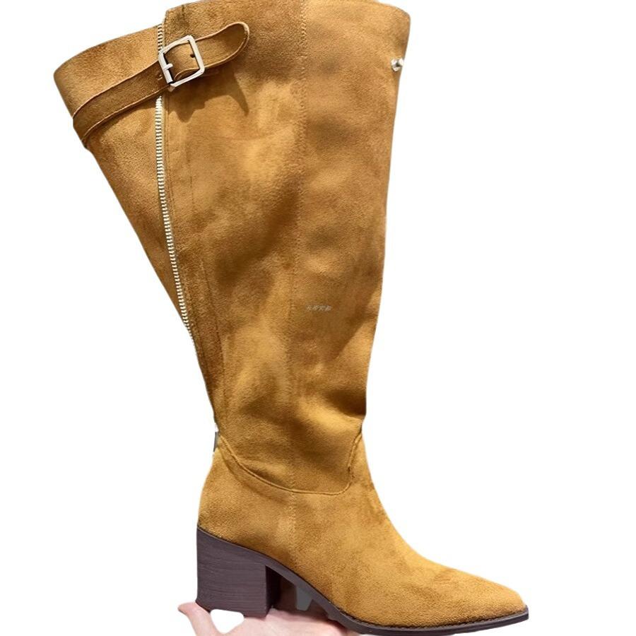 Pointed Big Tube Circumference High Heel Stacking Boots Niche Design Rear Zipper Retro Western Cowboy Boots Thick Heel Boots Women
