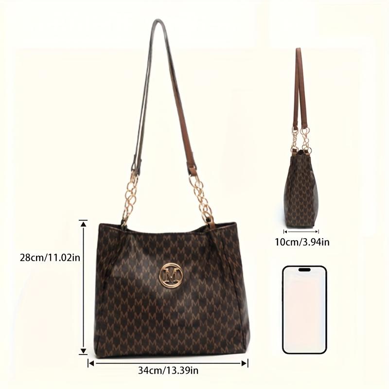 Женская сумка из ПУ в винтажном стиле с принтом буквы 'M' и фурнитурой 'M' - Большая сумка-тоут, застежка-молния, машинная стирка, ретро-кошелек