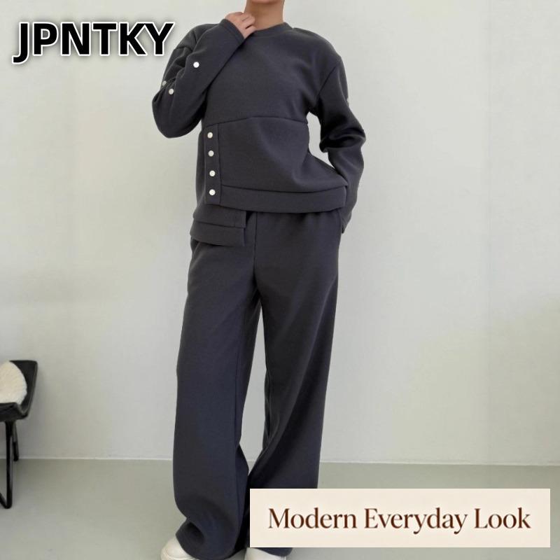 JPNTKY Женский модный повседневный костюм с длинным рукавом и круглым вырезом