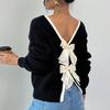 Women's Round Neck Long Sleeve Knit Sweater Loose Fit Casual Pullover with Back Bow