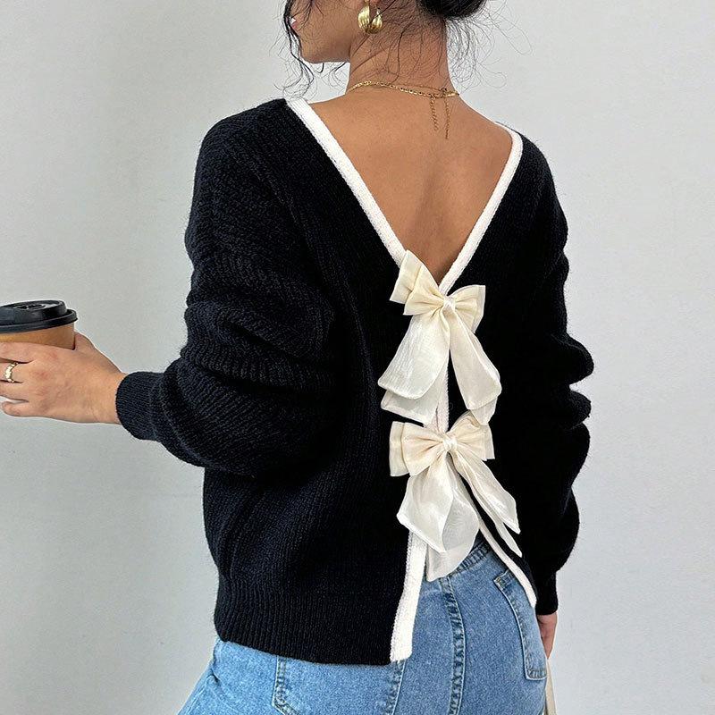 Women's Round Neck Long Sleeve Knit Sweater Loose Fit Casual Pullover with Back Bow