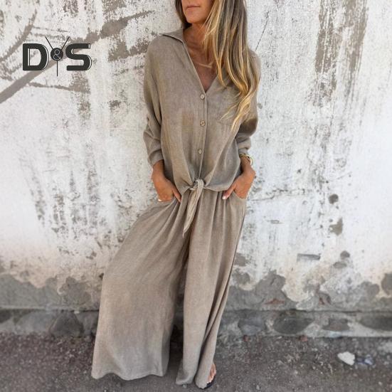 Women's Cotton-Linen Two Piece Outfit Long Sleeve Lapel Button Down Top Matching Wide Leg Pants Casual Loungewear Set