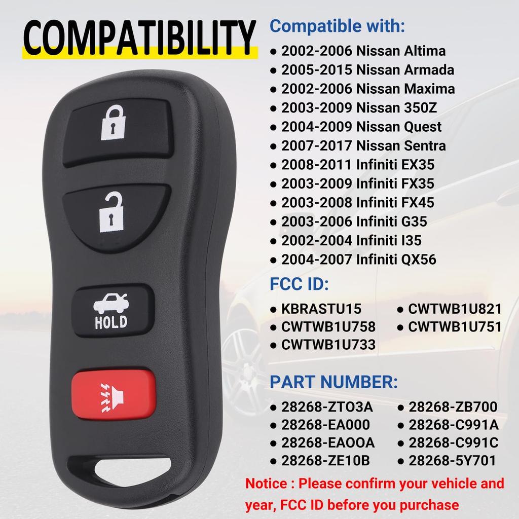 Keyless Entry Remote Control Car Key Fob Compatible with Infiniti EX35 FX35 FX45 I35 G35 QX56, Nissan Altima Armada Maxima Quest Sentra 350Z,