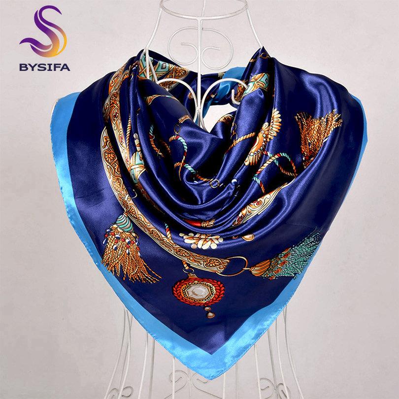 [BYSIFA] China Style Blue White Silk Scarf Cape  New Design Ladies Muslim Head Scarf Printed Fashion Accessories Satin Scarf