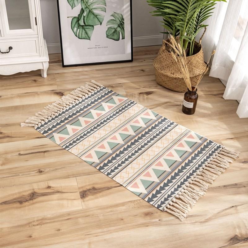 Nordic Moroccan Printed Carpet Hand-woven Cotton Linen Floor Mats Modern Home Living Room Decor Rug Bedroom Bedside Foot Mats