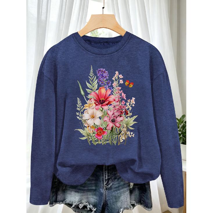 Plus size women's long sleeve T Shirt Mixed-color wildflower butterfly forest-themed colorful vintage watercolor floral print Daily outfits for home,