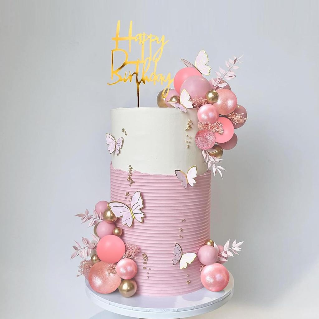 Happy Birthday Cake Topper Pink Balls Cake Topper Butterfly Balls Cake Decorations for Baby Shower Wedding Birthday Party