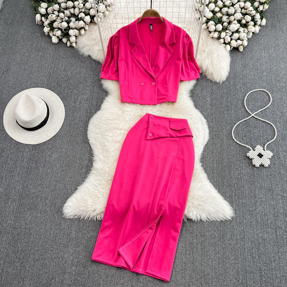 Женский костюм в стиле ретро с лацканами, свободная короткая куртка с пышными рукавами, юбка из двух частей с высокой талией и разрезом