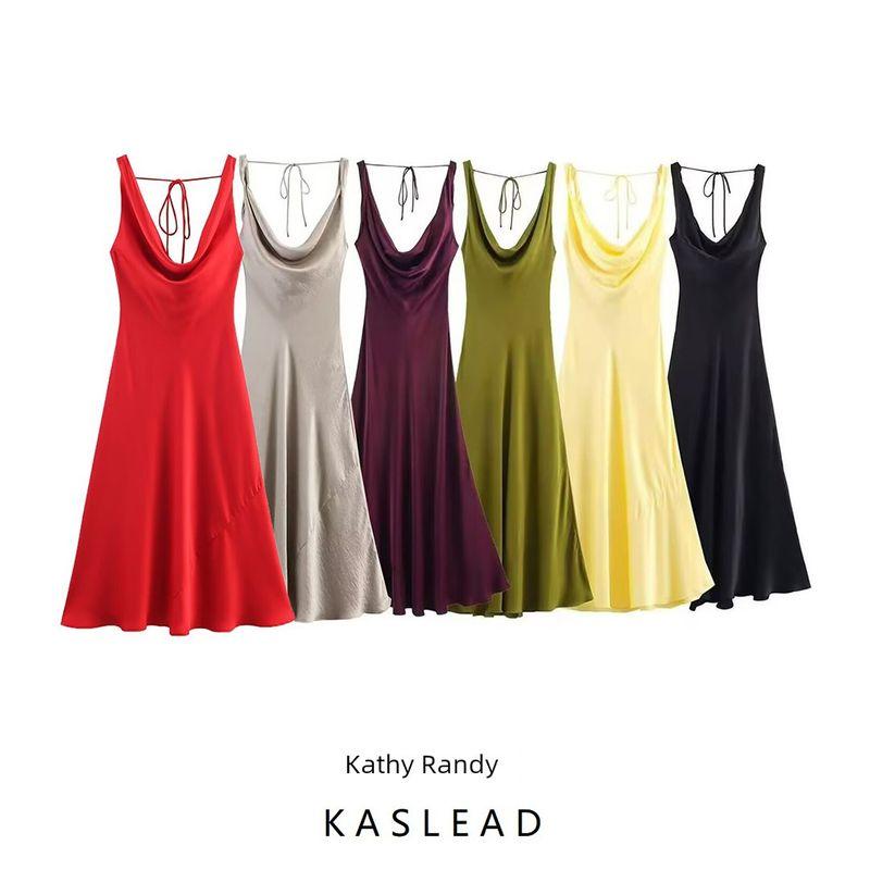 Kaslead New Women Clothes Western Style Fashion Slim Fit Silk Satin Texture Dress 2590934