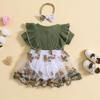 Infant Baby Girls Romper Dress Flower Embroidery Knit Rib Ruffles Crew Neck Jumpsuits Summer Bodysuits with Bow Headband