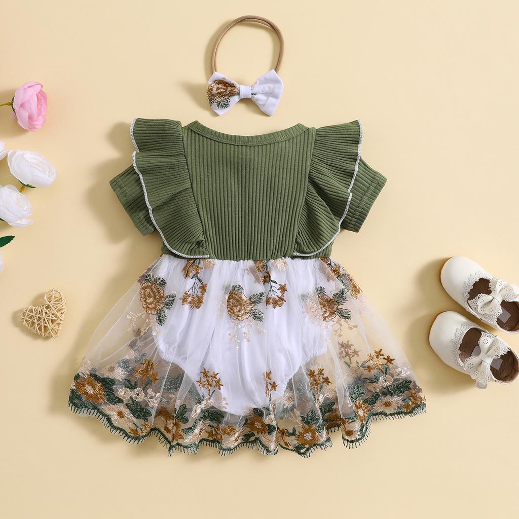 Infant Baby Girls Romper Dress Flower Embroidery Knit Rib Ruffles Crew Neck Jumpsuits Summer Bodysuits with Bow Headband