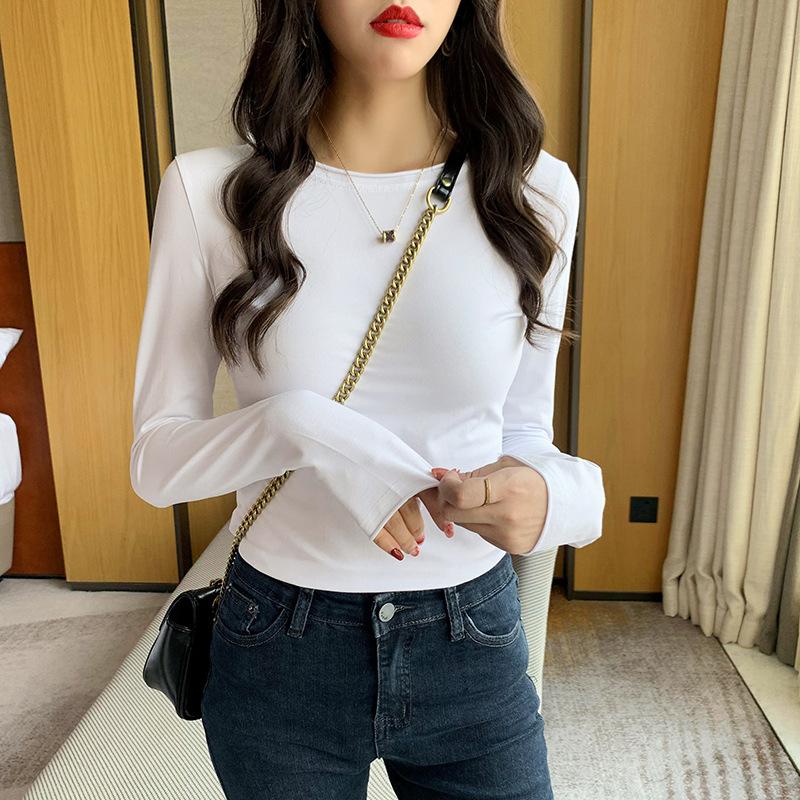 Белая футболка с длинными рукавами для женщин, весна и осень, женская, новая модная студенческая футболка из чистого хлопка, однотонная, с загнутыми краями, верхняя часть
