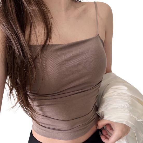 Women Vest Padded Pleated Slim Fit Solid Color Elastic Summer Camis Tank Top Lady Bottoming Inner EMA