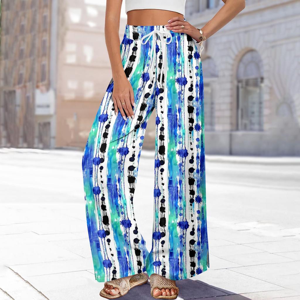 Женские летние брюки-палаццо в стиле бохо с высокой талией, широкие повседневные брюки с принтом и карманами