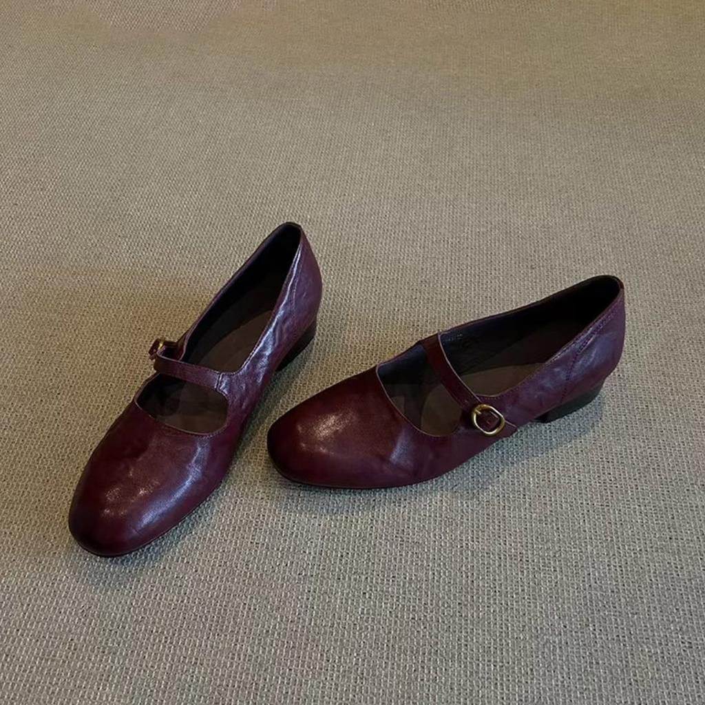 Sheepskin Version~ Shallow Leather Versatile One-word Buckle Flat Mary Jane Shoes Women's Retro Simple Commuter Low-heeled Single Shoes