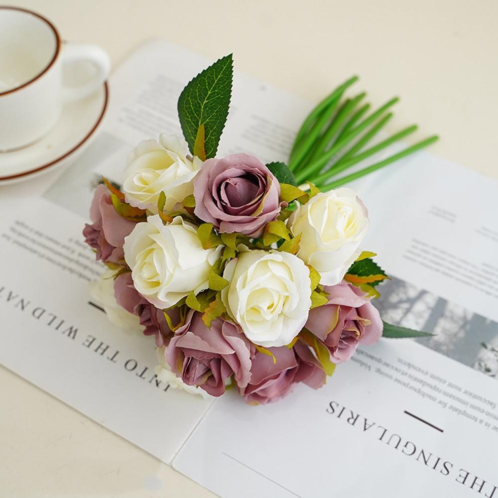 Plastic Simulation Rose Flower 12 Head Fake Flowers Artificial Rose Bouquet Outdoor Garden Decor