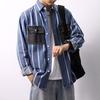 Spring Autumn Long-sleeved Denim Shirts Men Stitching Striped Overcoats Male Loose Pockets Casual Shirt