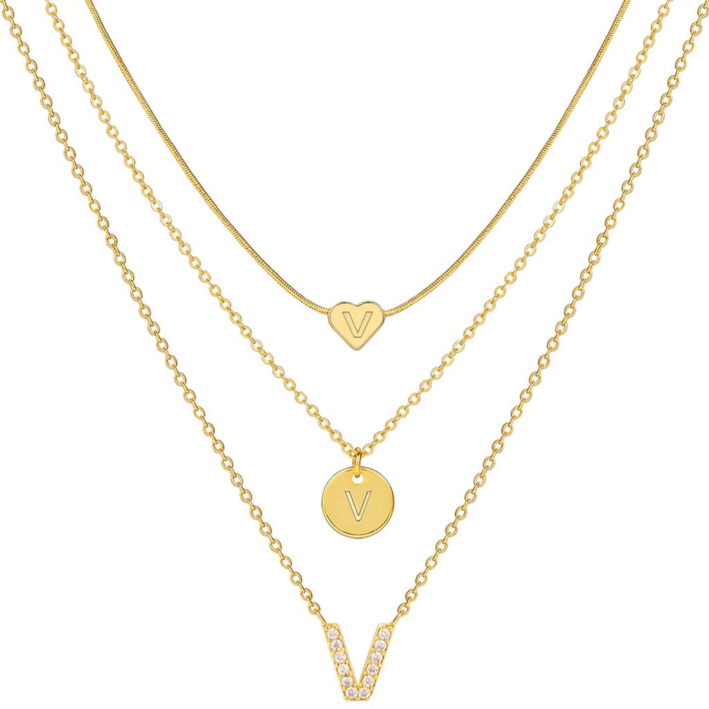 17KM 3 Pcs Plated Heart Initial Necklace Sets for Women Fashion Multilayer Letter Choker Necklaces Copper Metal Jewelry Gift