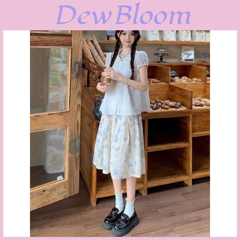 Girls Summer Floral High Waist Midi Skirt With Splicing Print For Casual Wear