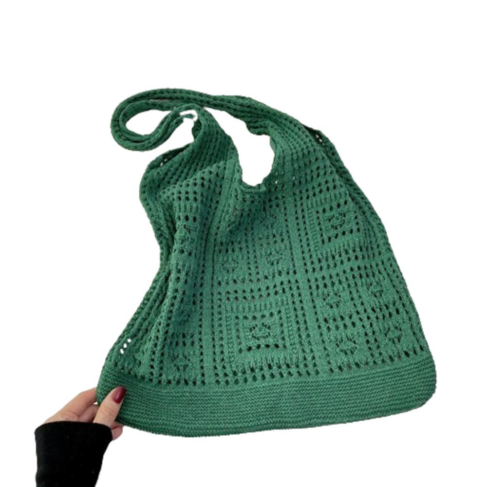 Woven Crochet Mesh Bag Solid Color Shopping Handbag Simple Knitting Shoulder Bag Summer