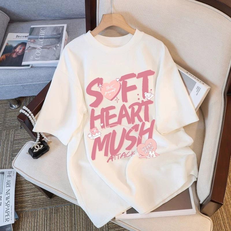 Футболка из чистого хлопка белого цвета с короткими рукавами для женщин на лето, новый большой размер, свободный дизайн, тонкий топ с короткими рукавами и принтом