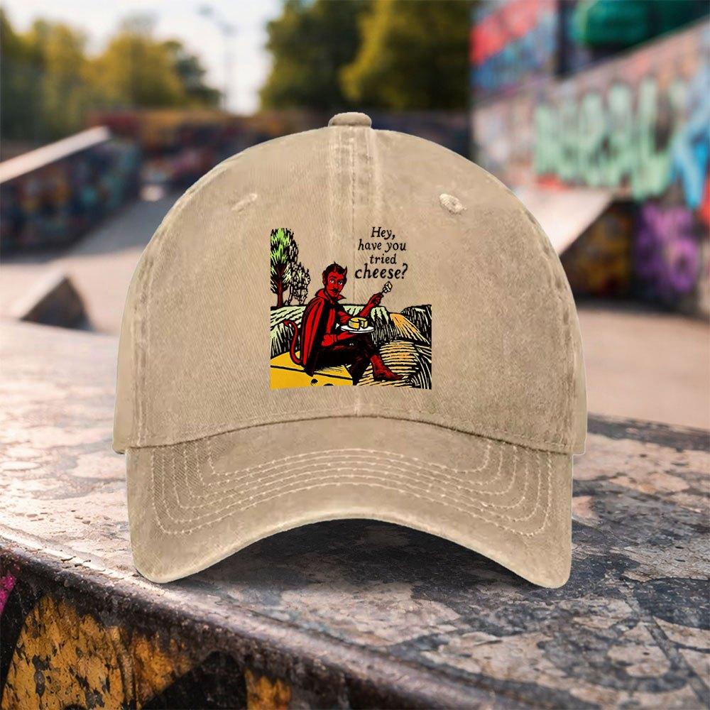 1pc Red Devil Eating Cheese Print Washed Duckbill Baseball Cap Adjustable Unisex Hat Suitable For Outdoor Sports Casual Wear