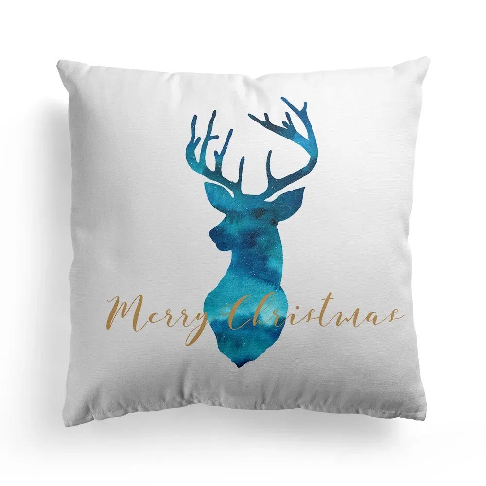 Home Decoration Christmas Blue Elk Plant Pillow House Polyester Cushion Cushion Decoración Navideña Funda De Almohada