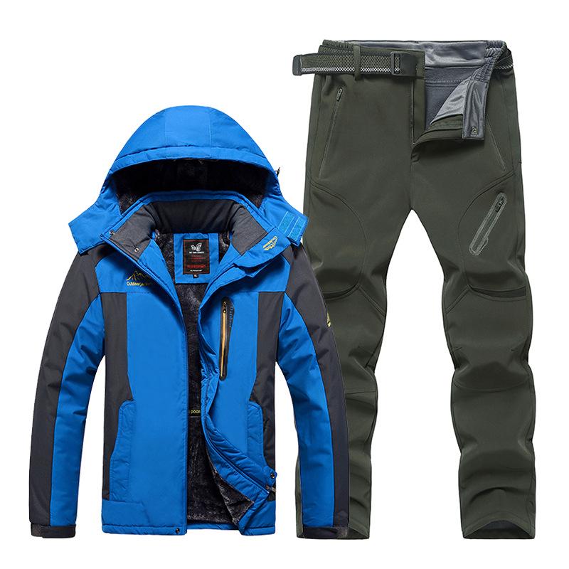 Plus Size 9XL Outdoor Jacket Pants Suit Men's Winter Plus Velvet Thickened Mountaineering Suit Jacket Pants Including Belt Suit