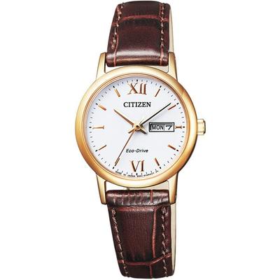 Женская EW3252-07A ( Часы CITIZEN COLLECTION Eco-Drive Day-Date женские) Круглые часы коричневые