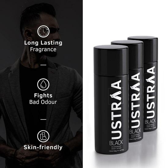 Ustraa Черный дезодорант для мужчин - 3 x 150 мл - Сильный и интенсивный аромат | Усиливает свежесть | Борется с неприятным запахом, предотвращает зуд