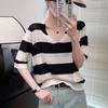 Women's Knitted T-shirt V-neck Hollow Stripe Summer Thin Ice Silk Short Sleeve Top