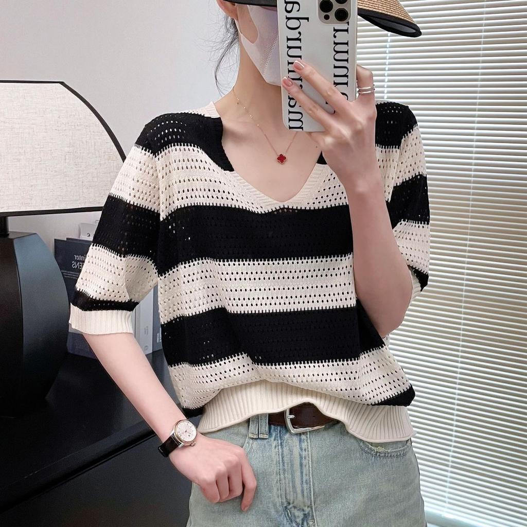 Women's Knitted T-shirt V-neck Hollow Stripe Summer Thin Ice Silk Short Sleeve Top