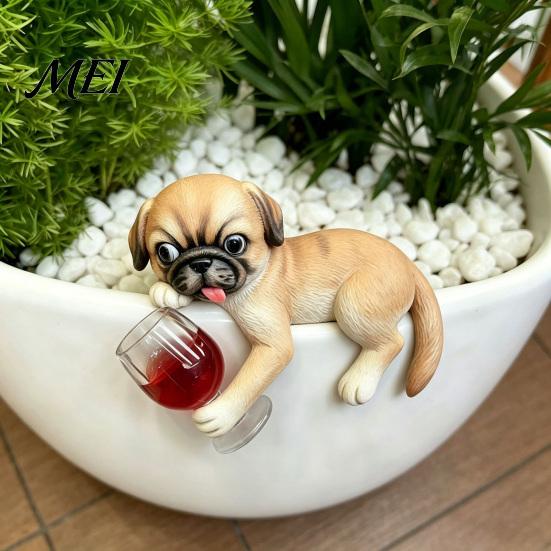 Resin Animal Ornament Lying Pug Statue for Planter, Dog Figurine with Red Wine Funny Pet Glass, Cute Flower Pot Edge Decoration Creative Planter Decor