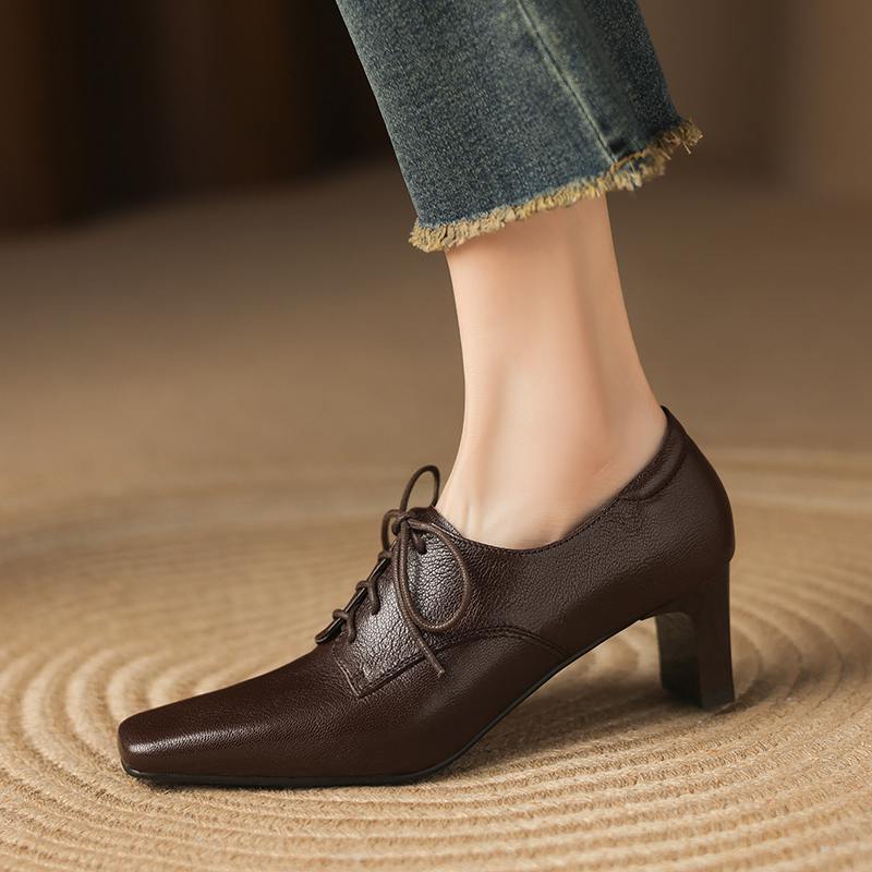 Krazing Pot Sheepskin Spring Summer Size 43 Size 42 Size 41 Chunky Heels Women Square Toe Office Lady Lace Up Pumps