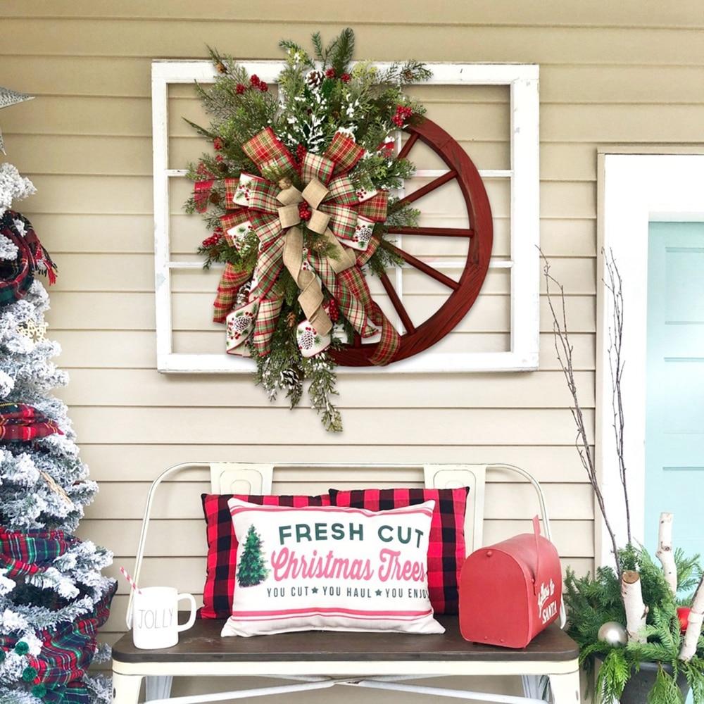 Christmas Wreath Wooden Door Hanging Farmhouse Wagon Wheels Wreath