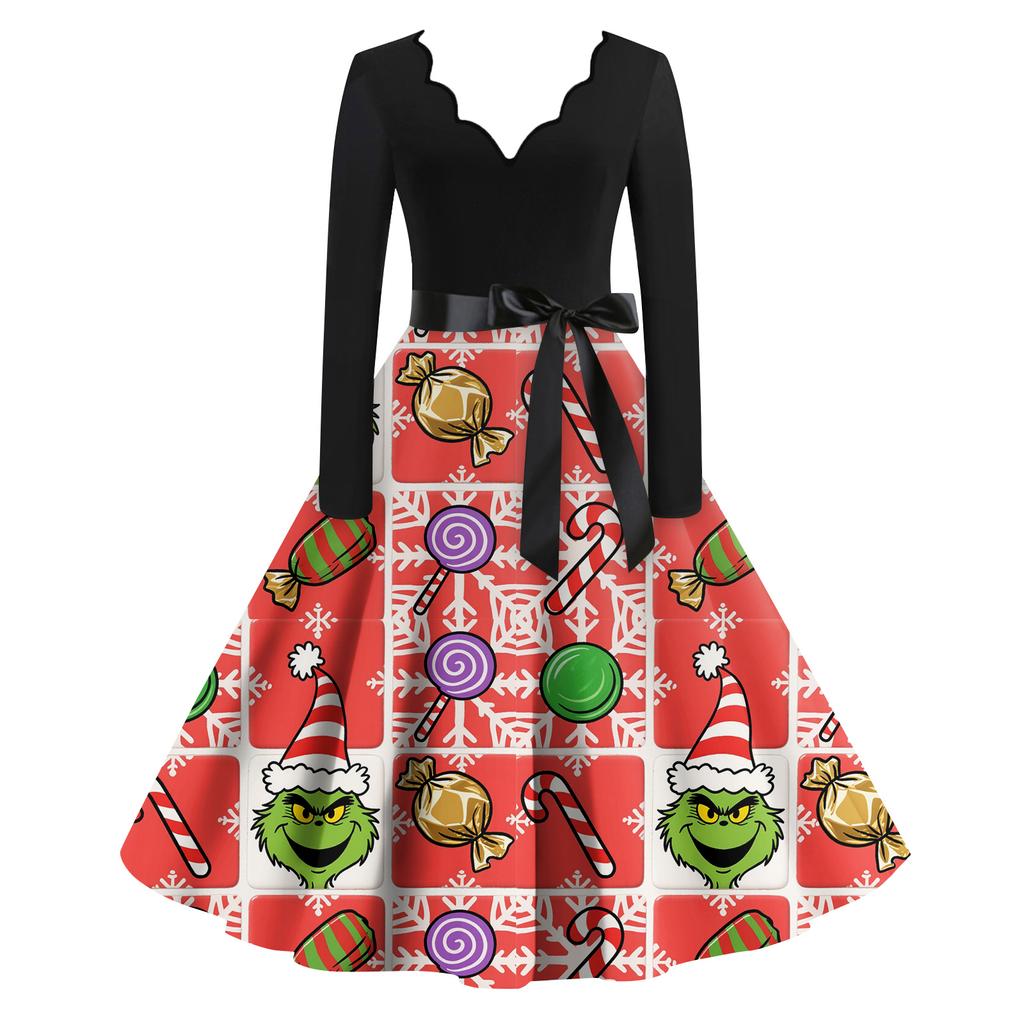 Женское модное ретро платье с длинным рукавом, квадратным вырезом, рождественским принтом, вечернее платье