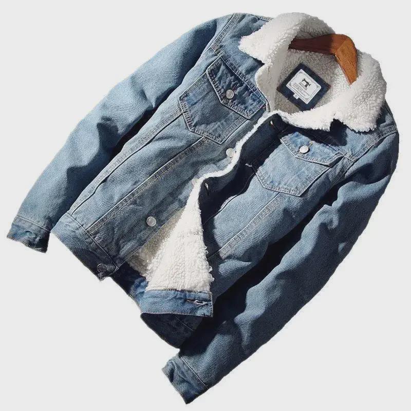 Мужская зимняя приталенная джинсовая куртка с бархатной подкладкой и овечьей шерстью