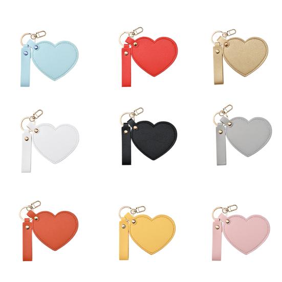 Love Heart Shape Makeup Mirror Waterproof Faux Leather Vanity Mirror Keychain Portable Travel Women Handheld Cosmetic Mirror Bag Pendant