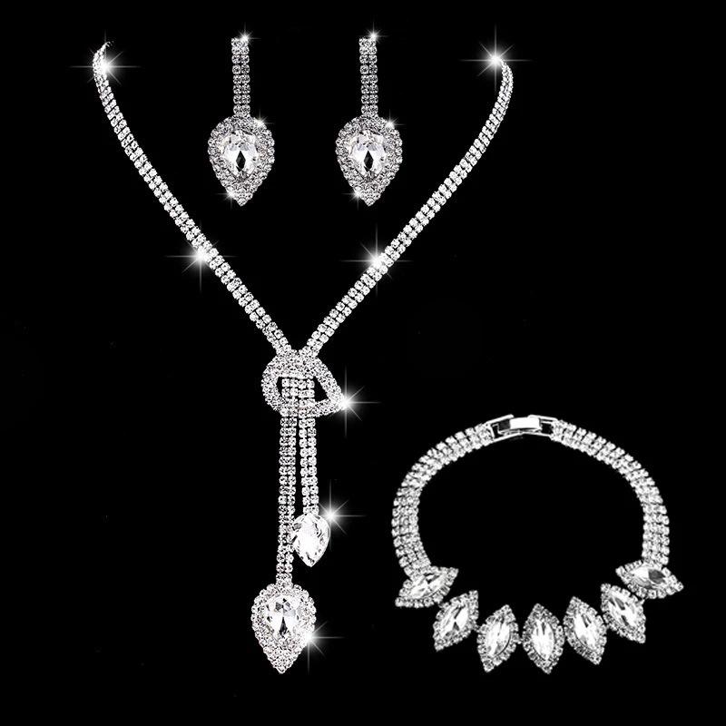 3 Pieces Bridal Jewelry Set Necklace Earrings Bracelet Rhinestone Flowing Water Drop Tassel for Wedding Party