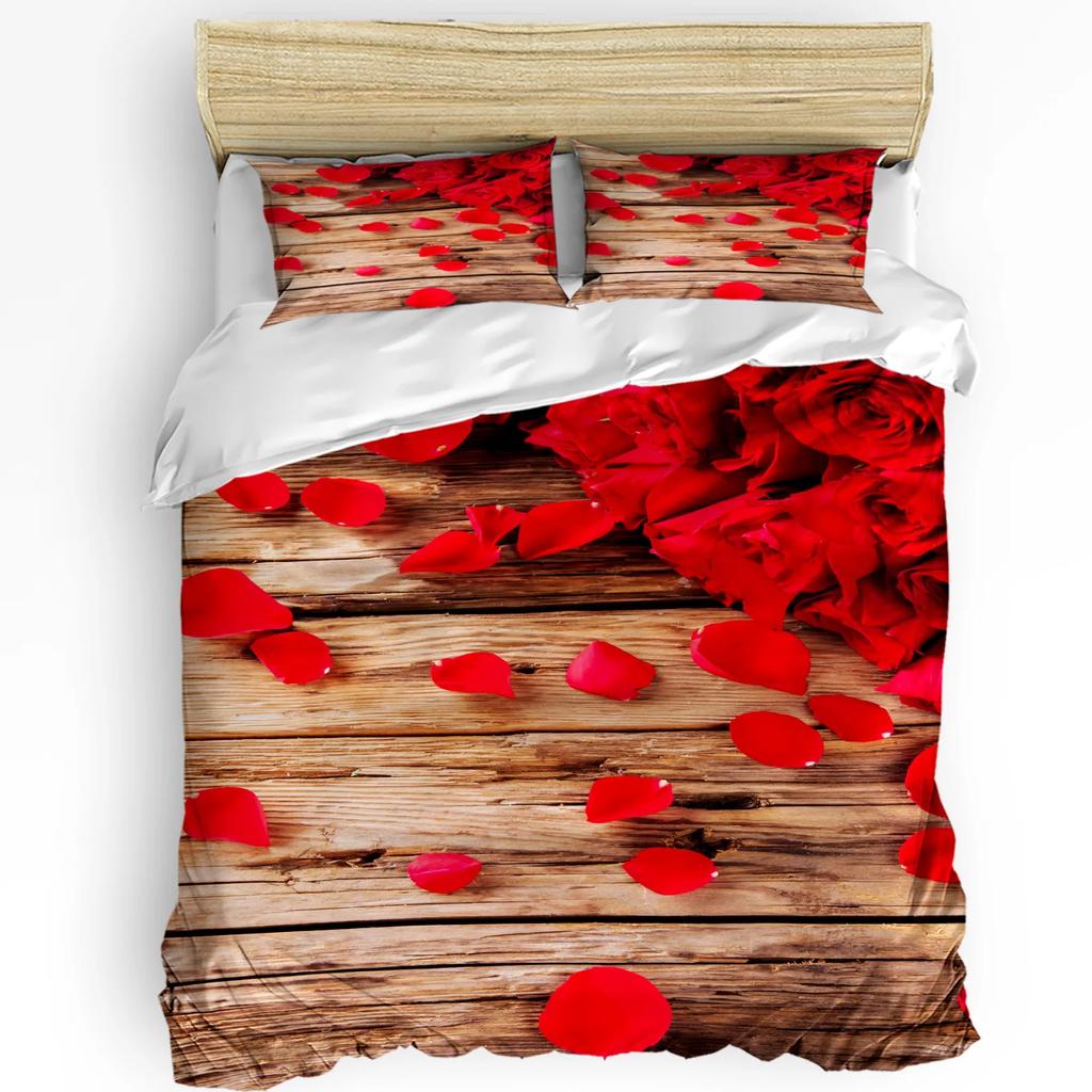 Red Rose Flower Plant White Duvet Cover Bed Bedding Set Home Textile Quilt Cover Pillowcases Bedroom Double Bedding Set No Sheet