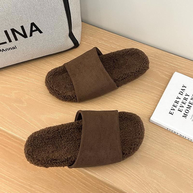 French retro one-word Birkenstock cotton slippers for women to wear in autumn and winter, new thick-bottomed versatile and velvet