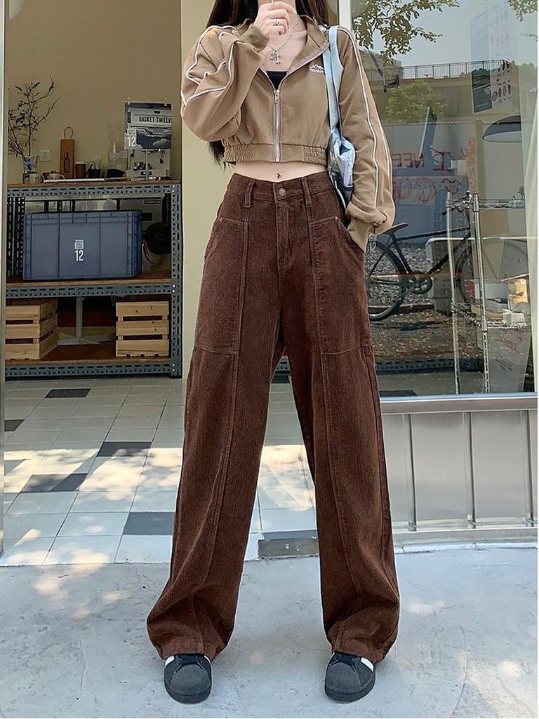 Вельветовые брюки в стиле ретро, ​​коричневые, осенне-зимние, широкие брюки-«ножи» для женщин, высокие, с высокой талией, длинные леггинсы.
